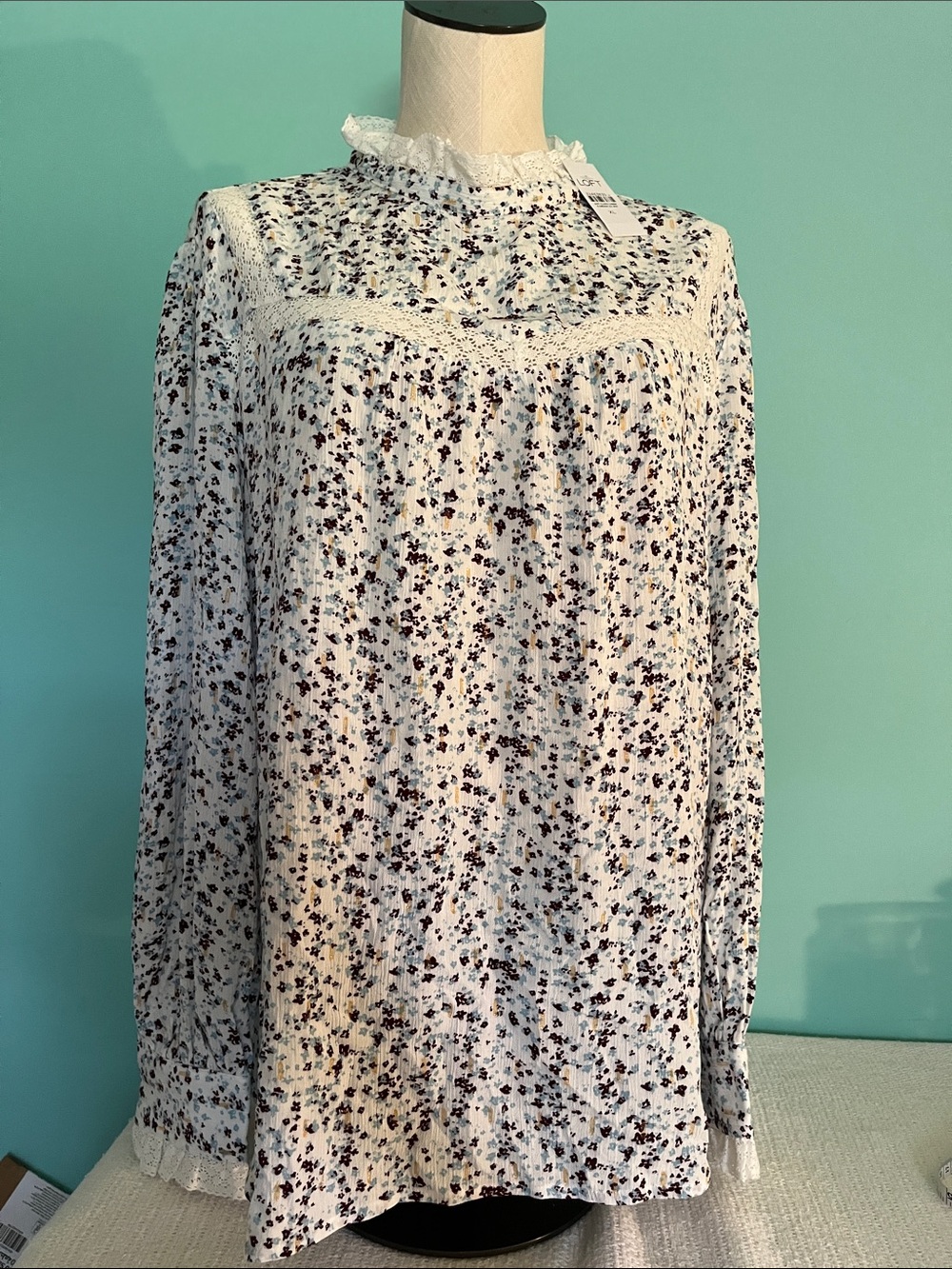LOFT White Floral Lace-Trim Long Sleeve Blouse